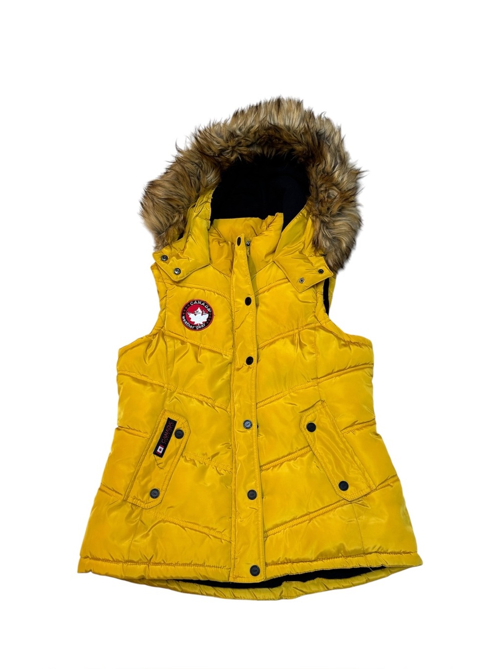 Canada Weather Gear Women’s Yellow Black Hooded Puffer Vest Faux Fur Trim Large